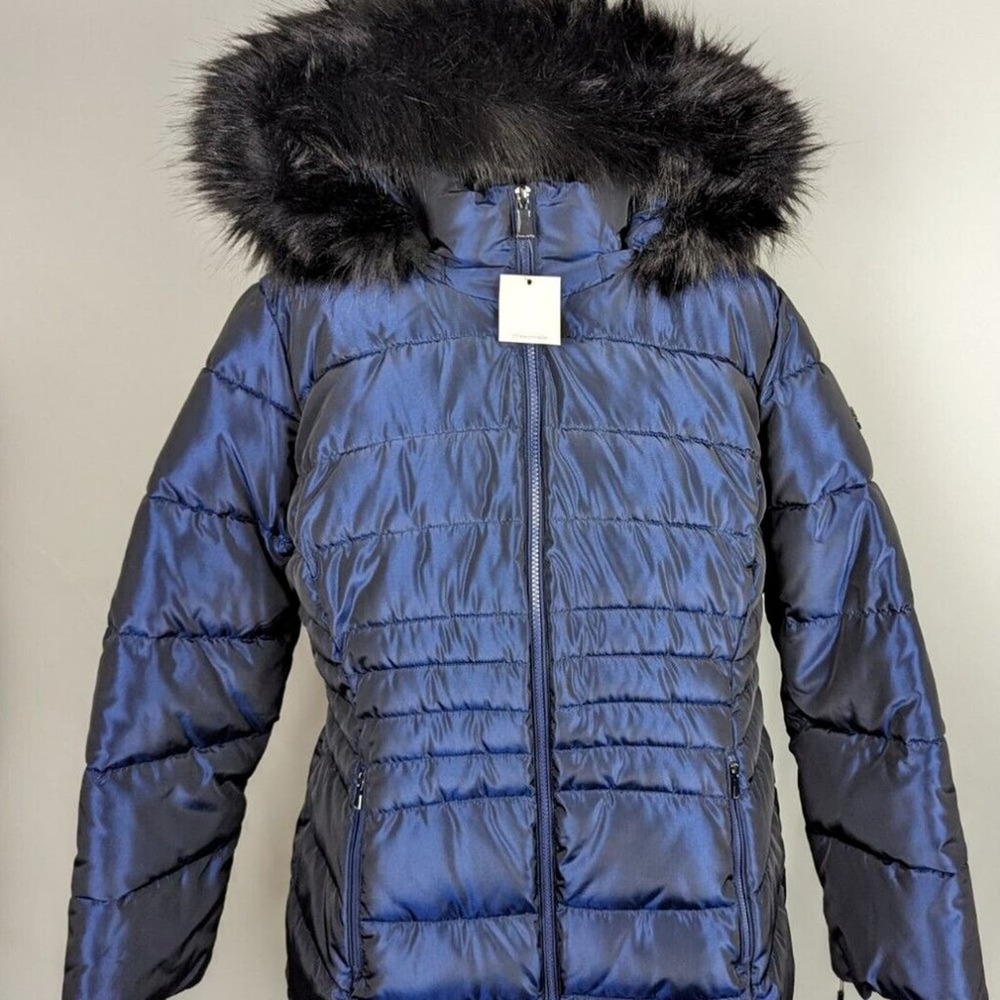 Calvin Klein XL Puffer Repel Faux Fur Trim Hooded Blue Jacket - like new